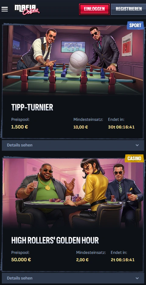 mafiacasino mobile tournaments page